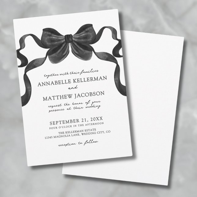 Elegant Bow Black And White Wedding Invitation (Elegant Ribbon Bow Black And White Wedding Invitation)