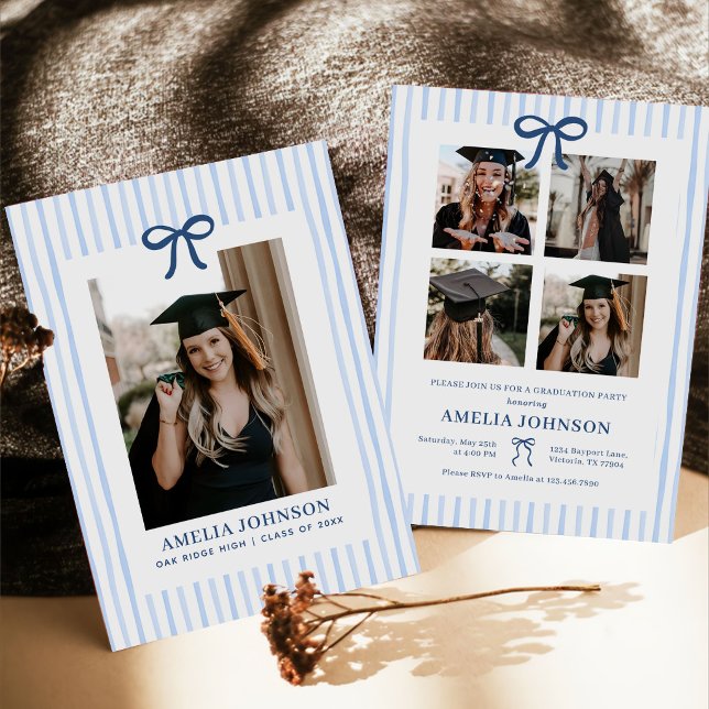 Elegant Bow Blue Striped Photo Graduation Invitation (Creator Uploaded)