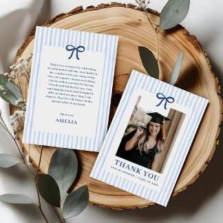 Elegant Bow Blue Striped Photo Graduation Thank You Card