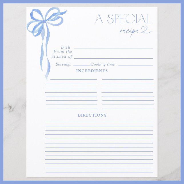 Elegant Bow Blue Watercolor Bridal Shower Recipe (Creator Uploaded)