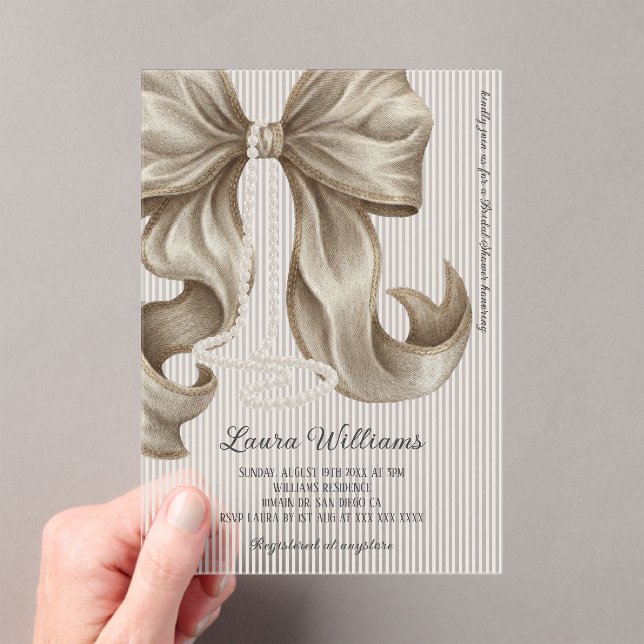 Elegant Bow Bridal Shower Neutral Beige Acrylic Invitations (Insitu (Handheld))