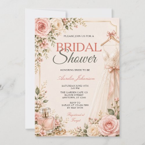 Elegant Bow Bridal Shower Pink Roses Floral Dress Invitation