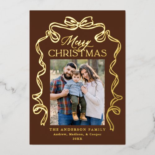 Elegant Bow Brown Merry Christmas 5 Photo Foil Holiday Card