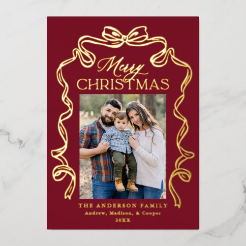 Elegant Bow Burgundy Merry Christmas 5 Photo Foil Holiday Card