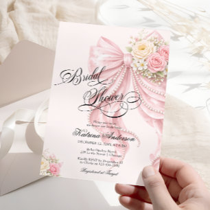 Elegant Bow Floral Blush Pink Bridal Shower Invitation