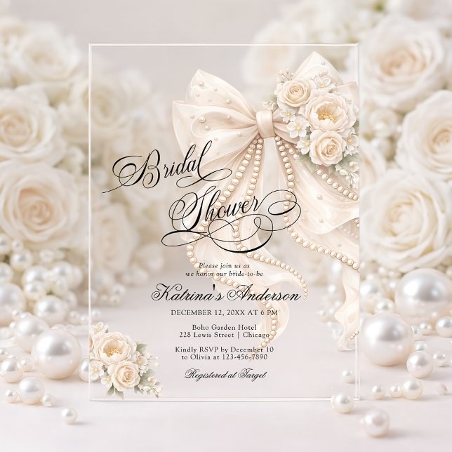 Elegant Bow Floral Bridal Shower  Acrylic Invitations (Creator Uploaded)