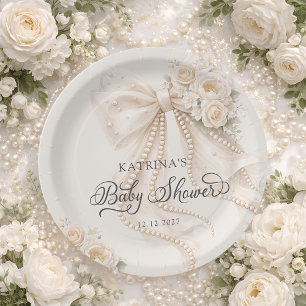 Elegant Bow Flowers Baby Shower Paper Plates