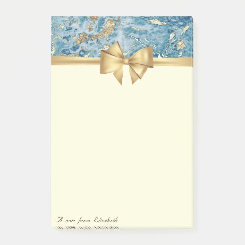 Elegant BowGold Blue Marble Texture Glitter Post_it Notes