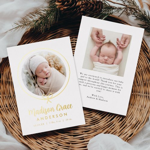 Elegant Bow Gold Foil Birth Announcement