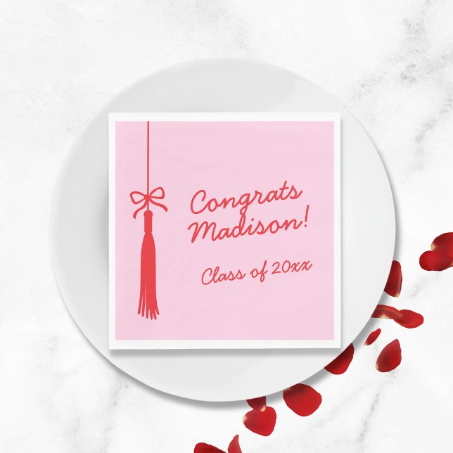 Elegant Bow Grad Tassel Pink Red 2026 Graduation Napkins (Elegant Bow Grad Tassel Pink Red 2025 Graduation Napkins)