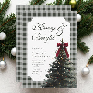 Elegant Bow Green Gingham Christmas Dinner Party Invitation