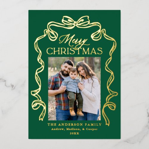 Elegant Bow Green Merry Christmas 5 Photo Foil Holiday Card