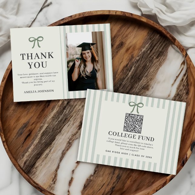 Elegant Bow Green Striped College Fund QR Code Enclosure Card (Creator Uploaded)