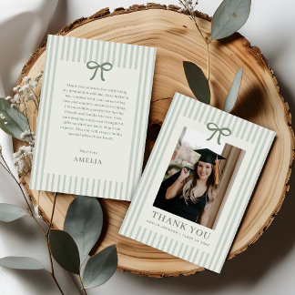 Elegant Bow Green Striped Photo Graduation Thank You Card