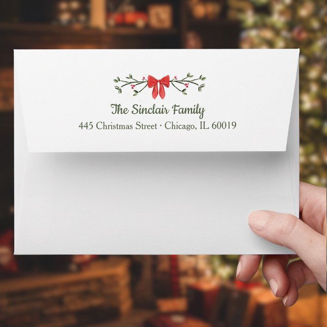 Elegant Bow & Holly Personalized Christmas Return  Envelope (Send holiday cheer from your family with this festive, personalized envelope design!)