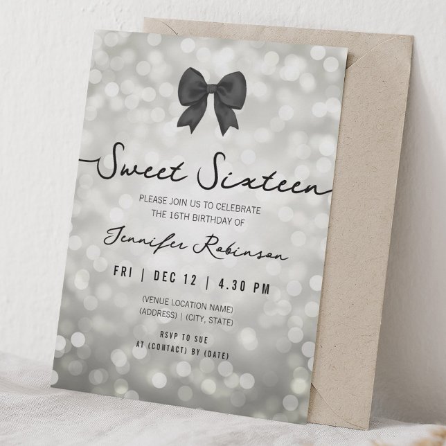 Elegant Bow & Lights Sweet Sixteen Silver  Invitation (Elegant Bow & Lights Sweet Sixteen Silver Invitation)