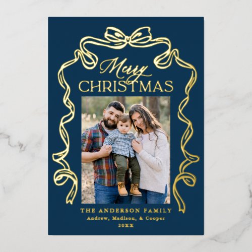 Elegant Bow Navy Merry Christmas 5 Photo Foil Holiday Card