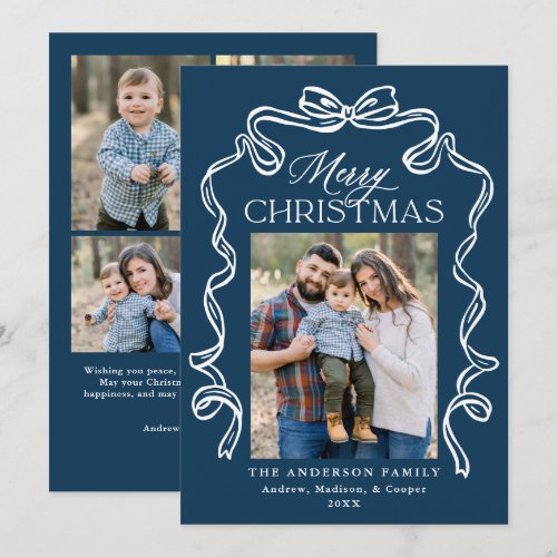 Elegant Bow Navy Merry Christmas 5 Photo Holiday Card