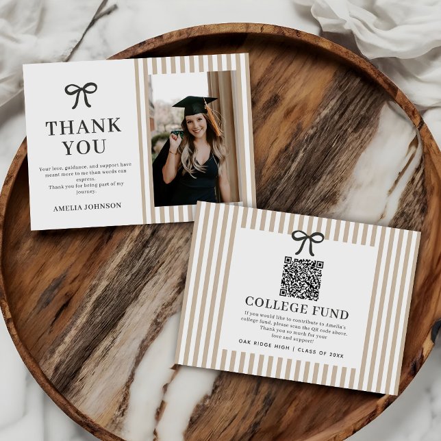 Elegant Bow Neutral Striped College Fund QR Code Enclosure Card (Creator Uploaded)