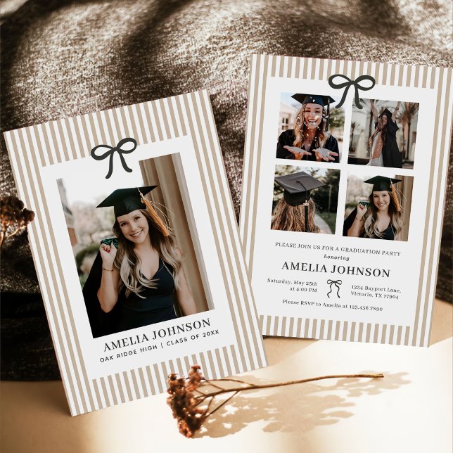 Elegant Bow Neutral Striped Photo Graduation Invitation (Creator Uploaded)