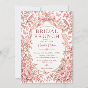 Elegant Bow Pink Bird Chinoiserie Bridal Brunch Invitation