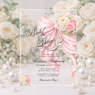 Elegant Bow Pink Floral Bridal Shower Acrylic Invitations