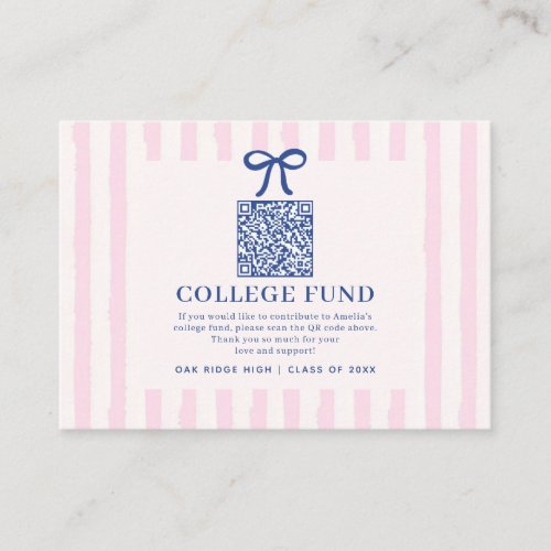 Elegant Bow Pink Striped College Fund QR Code Enclosure Card