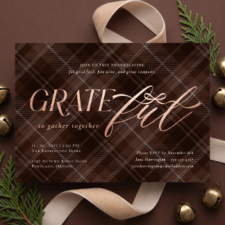 Elegant Bow Plaid Grateful Thanksgiving Dinner Foil Invitation
