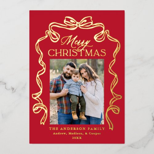 Elegant Bow Red Merry Christmas 5 Photo Foil Holiday Card
