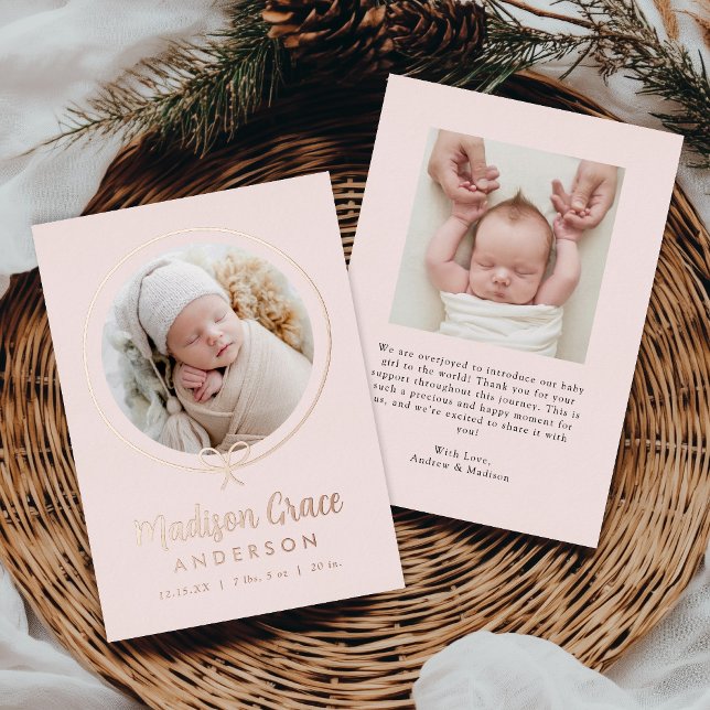 Elegant Bow Rose Gold Foil Birth Announcement (Creator Uploaded)