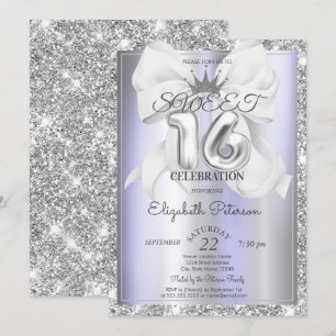Elegant Bow,Tiara,Violet Silver Glitter Sweet 16  Invitation