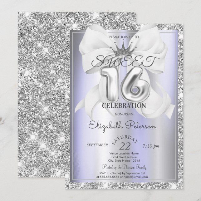 Elegant Bow,Tiara,Violet Silver Glitter Sweet 16  Invitation (Front/Back)