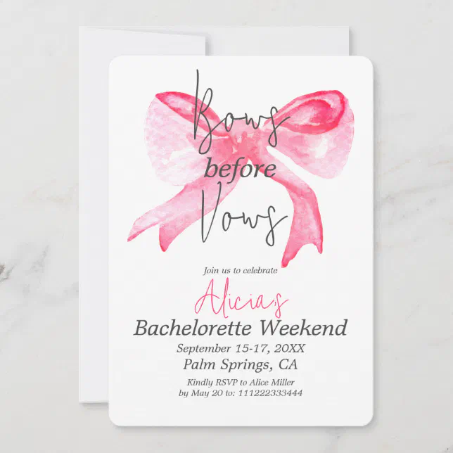 Elegant Bows before Vows Pink Bachelorette Party Invitation | Zazzle