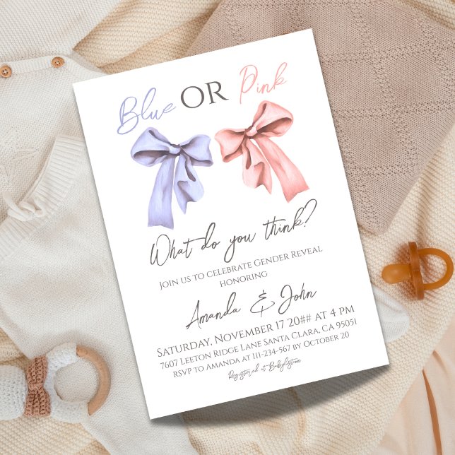 Elegant Bows Blue or Pink Gender Reveal Invitation (Creator Uploaded)