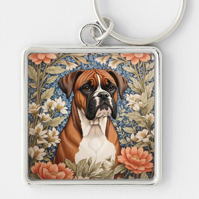 Elegant Boxer Dog William Morris Inspired  Keychain (Front)