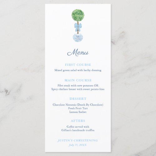 Elegant Boxwood Baby Boy Christening Celebration Menu - Classic potted Boxwood topiary menu card design to match my invitations and stationery in the same range.