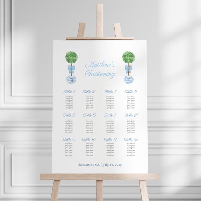 Elegant Boxwood Blue Bow Boy Baptism Seating Chart Foam Board (12 tables seating chart with topiary and blue bow. For wedding, christening or baby shower for boy)