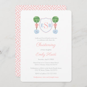 Elegant Boxwood Monogram Girl Christening Party Invitation