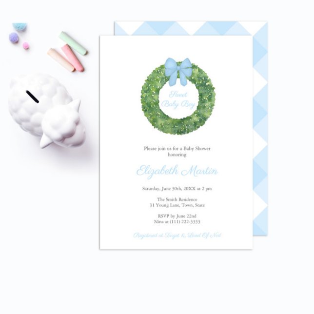 Elegant Boxwood Powder Blue Boy Baby Shower Party Invitation (Creator Uploaded)