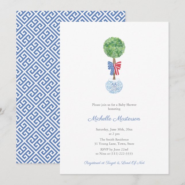 Elegant Boxwood Red Blue Bow Boy Baby Shower Party Invitation (Front/Back)