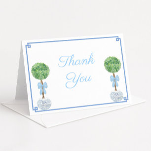 Elegant Boxwood Topiary Blue Baby Boy Shower Thank You Card