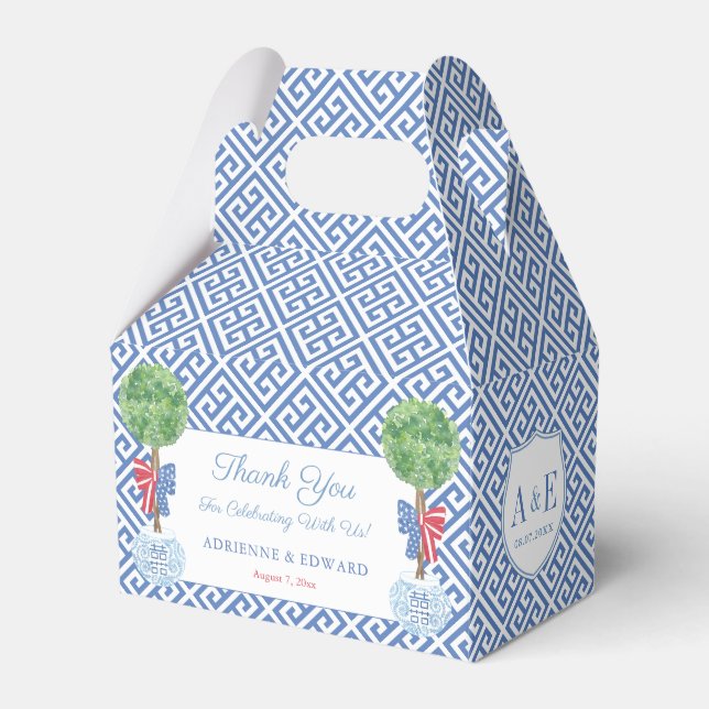 Elegant Boxwood Topiary Monogram July 4th Wedding Favor Boxes (Front Side)
