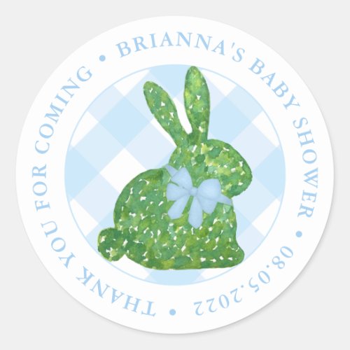 Elegant Boxwood Topiary Rabbit Blue Bow Favor  Classic Round Sticker - Watercolor Boxwood topiary bunny rabbit against a blue gingham background. All watercolor elements originally handpainted by me into 100% cotton paper before being scanned into digital form. PLEASE NOTE the text around the edge needs to be exactly the same length or possibly a bit shorter as the sample to curve correctly. Maybe add additional spaces if necessary?