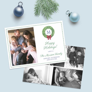 Elegant Boxwood Wreath Christmas Photo Collage Holiday Card