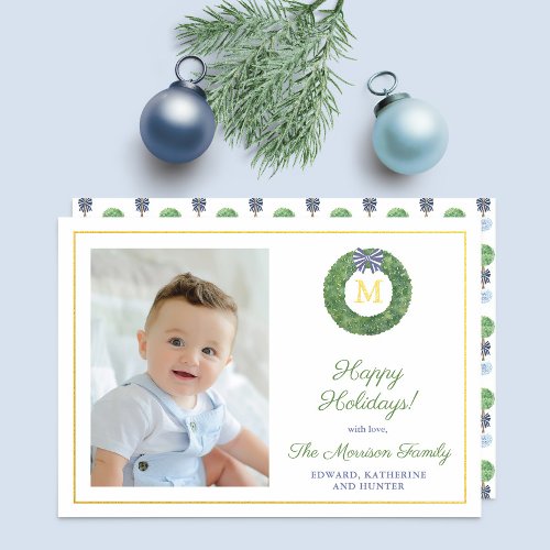 Elegant Boxwood Wreath Monogram Photo Blue Gold Foil Holiday Card