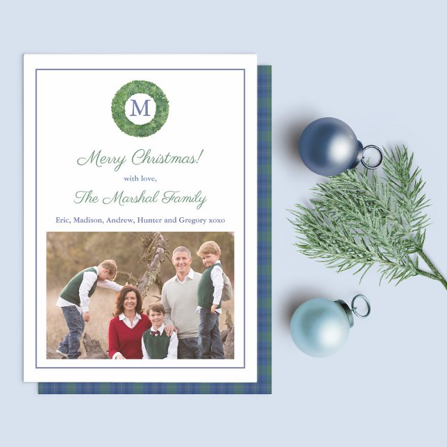 Elegant Boxwood Wreath Plaid Horizontal Photo Holiday Card (Minimalist boxwood wreath family picture holidays card with monogram and plaid reverse)