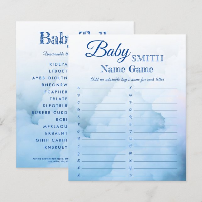 Elegant Boy Baby Shower Name and unscramble game (Front/Back)