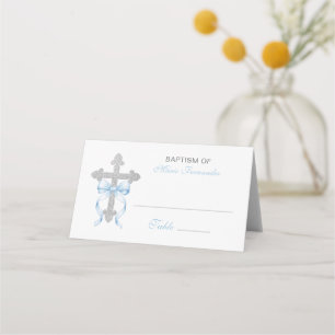 Elegant Boy Baptism Blue Bow Silver Cross Glitter Place Card
