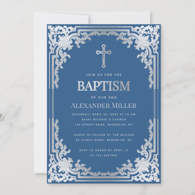 Elegant Boy Baptism Classic Blue Faux Silver Cross Invitation (Front)