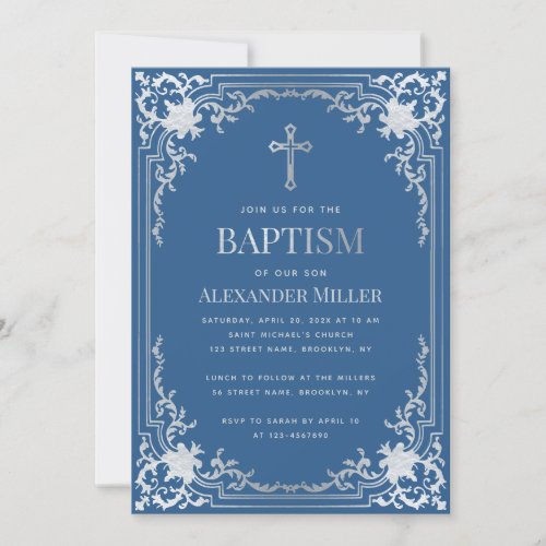 Elegant Boy Baptism Classic Blue Faux Silver Cross Invitation